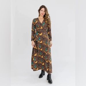 Mata Traders Katie Maxi Wrap Dress (M) Moth Print Organic Cotton/spandex